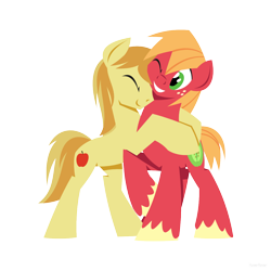 Size: 1280x1280 | Tagged: safe, artist:hoverrover, big macintosh, braeburn, earth pony, pony, braemac, colored hooves, eyes closed, gay, hooves, hug, lineless, male, one eye closed, raised hoof, shipping, simple background, smiling, stallion, teeth, transparent background