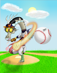 Size: 1380x1778 | Tagged: safe, artist:lazytriggerfinger, discord, baseball, baseball cap, clothes, glasses, hat, major league, movie reference, pitch, solo, sports, throwing