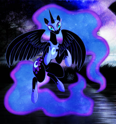 Size: 1024x1095 | Tagged: safe, artist:thepipefox, nightmare moon, night, solo, spread wings, water