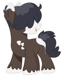 Size: 800x989 | Tagged: safe, artist:dbkit, oc, oc only, earth pony, pony, colt, hair over eyes, happy, male, open mouth, smiling, solo, spots, unshorn fetlocks, young