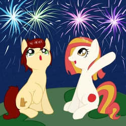 Size: 1280x1280 | Tagged: safe, artist:ikasama, oc, oc only, oc:canni soda, oc:poniko, fireworks, hanabi, kallisti