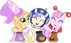 Size: 5095x3110 | Tagged: safe, artist:incognito-i, alula, noi, piña colada, luna eclipsed, applecore, awwlula, clothes, costume, cute, filly, nightmare night, nightmare night costume, piña cutelada, simple background, transparent background, vector