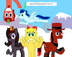 Size: 1280x1024 | Tagged: safe, soarin', oc, oc:acutie, oc:dajoestanator, oc:imshadow007, oc:toonkriticy2k, birthday, birthday celebration, january, old cutie mark, red and black oc