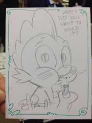 Size: 852x1136 | Tagged: safe, artist:andypriceart, spike, dragon, eating, solo, traditional art, wedding ring