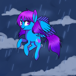 Size: 4500x4500 | Tagged: safe, artist:jandi-seal, oc, oc only, oc:poorple night, pegasus, pony, absurd resolution, eyebrows, fangs, flying, rain