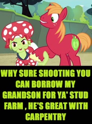 Size: 674x912 | Tagged: safe, screencap, big macintosh, granny smith, earth pony, pony, leap of faith, duo, female, grandmother and grandchild, image macro, male, meme, missing the point, stallion