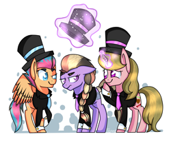 Size: 5500x4500 | Tagged: safe, artist:jandi-seal, oc, oc only, earth pony, pegasus, pony, unicorn, absurd resolution, clothes, eyebrows, hat, magic, suit, telekinesis, top hat