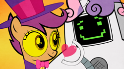 Size: 3000x1673 | Tagged: safe, artist:thematrixman, scootaloo, sweetie belle, cute, hat, heart, jailbot, superjail, the warden, top hat