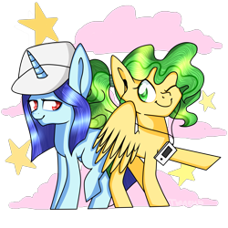Size: 4500x4500 | Tagged: safe, artist:jandi-seal, oc, oc only, pegasus, pony, unicorn, absurd resolution, earbuds, hat, ipod, simple background, transparent background, wink