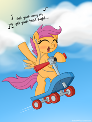 Size: 3000x4000 | Tagged: safe, artist:drako1997, scootaloo, earbuds, ipod, mp3 player, scooter, singing, solo