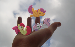 Size: 1920x1200 | Tagged: safe, artist:bryal, apple bloom, scootaloo, sweetie belle, cutie mark crusaders, hand, irl, photo, ponies in real life, tiny ponies