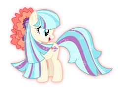 Size: 4115x3000 | Tagged: safe, artist:aqua-pony, coco pommel, cocobetes, cute, flower in hair, glow, long mane, long tail, looking back, open mouth, rainbow power, rainbow power-ified, simple background, smiling, solo, transparent background, vector