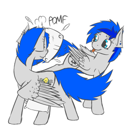 Size: 2000x2000 | Tagged: safe, artist:jordo76, oc, oc only, oc:sapphire sights, oc:wingedthoughts, pegasus, pony, fallout equestria, pillow fight, sibling teasing, tongue out