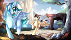 Size: 1280x720 | Tagged: safe, artist:takuyarawr, oc, oc only, oc:bloo, oc:simul, pegasus, pony, female, hike, mare, outdoors, shipping