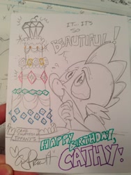 Size: 768x1024 | Tagged: safe, artist:andypriceart, spike, dragon, cake, cathy weseluck, jewels, solo, traditional art