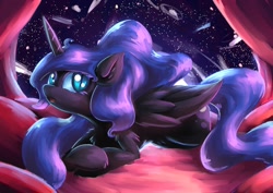 Size: 1810x1280 | Tagged: dead source, safe, artist:lovelyneckbeard, edit, nightmare moon, bed, night sky, prone, solo, stars