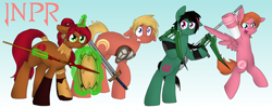 Size: 1024x410 | Tagged: safe, artist:bookfangeek, akoúo̱, crocea mors, crossover, jaune arc, jnpr, lie ren, magnhild, miló, nora valkyrie, ponified, pyrrha nikos, rwby, stormflower