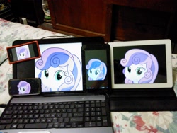 Size: 2592x1944 | Tagged: safe, sweetie belle, equestria girls, apple (company), computer, cute, funny, huawei, ipad, irl, laptop computer, phone, photo, smartphone, stare, tablet, toshiba