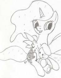 Size: 782x990 | Tagged: safe, artist:gñ, nightmare moon, filly, monochrome, solo, teddy bear, traditional art