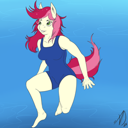 Size: 1280x1280 | Tagged: safe, artist:almonddragon, roseluck, anthro, plantigrade anthro, barefoot, clothes, feet, one-piece swimsuit, solo, swimsuit, underwater