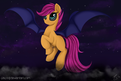 Size: 1024x683 | Tagged: safe, artist:ciscoql, scootaloo, bat pony, pony, bat ponified, race swap, scootabat, solo, student of the night