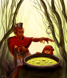 Size: 704x816 | Tagged: safe, artist:chocolatesun, apple bloom, zecora, human, cauldron, everfree forest, forest, humanized