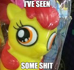 Size: 490x464 | Tagged: safe, apple bloom, derp, i've seen some shit, image macro, meme, text, toy, vulgar