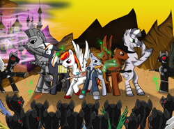 Size: 2040x1513 | Tagged: safe, artist:cloclo2388, oc, oc only, oc:calamity, oc:littlepip, oc:steelhooves, oc:velvet remedy, oc:xenith, earth pony, pegasus, pony, unicorn, zebra, fallout equestria, anti-machine rifle, anti-materiel rifle, applejack's rangers, armor, battle saddle, canterlot, clothes, colored hooves, cutie mark, dashite, enclave, fanfic, fanfic art, female, floppy ears, fluttershy medical saddlebag, glowing horn, grand pegasus enclave, gun, handgun, hat, hooves, horn, levitation, little macintosh, magic, male, mare, medical saddlebag, optical sight, pink cloud (fo:e), pipbuck, power armor, revolver, rifle, saddle bag, spitfire's thunder, stallion, steel ranger, teeth, telekinesis, vault suit, weapon, wings