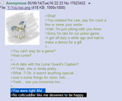 Size: 442x367 | Tagged: safe, /mlp/, 4chan, anon in equestria, gay, greentext, male, rejection, rejection is magic, royal guard, sad, text