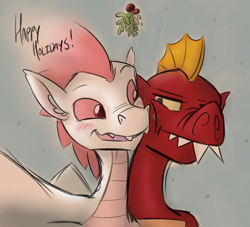 Size: 1280x1163 | Tagged: safe, artist:dmann892, fizzle, garble, dragon, blushing, christmas, garbizzle, gay, male, mistleholly, mistletoe, shipping, teenaged dragon