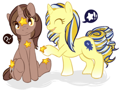 Size: 600x453 | Tagged: safe, artist:clovercoin, oc, oc only, oc:mocha delight, oc:pretty prize, pony, cloverly ponies, confused, eyes closed, gold star, question mark, sitting, smiling