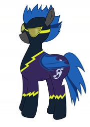 Size: 1536x2140 | Tagged: safe, artist:tristen, oc, oc only, oc:swift harvest, bat pony, pony, bat pony oc, clothes, costume, dyed mane, shadowbolts, shadowbolts costume, simple background, solo, white background