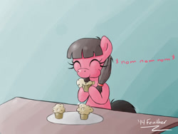 Size: 1024x768 | Tagged: safe, artist:feather, oc, oc only, oc:macdolia, earth pony, pony, eating, happy, muffin, munching, nom, pigtails, solo