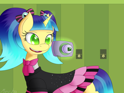 Size: 1600x1200 | Tagged: safe, artist:mechanized515, pixel pizazz, pony, unicorn, equestria girls, camera, equestria girls ponified, magic, ponified, solo