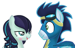 Size: 937x596 | Tagged: safe, artist:waterz-colrxz, coloratura, soarin', pony, blushing, crack shipping, female, goggles, male, rara, shipping, soaratura, straight, wonderbolts uniform