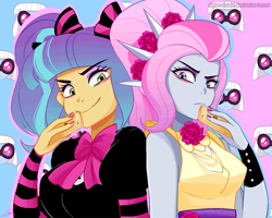 Size: 800x639 | Tagged: safe, artist:chokico, photo finish, pixel pizazz, violet blurr, equestria girls, rainbow rocks, bust, female, looking at you, nail polish, phone