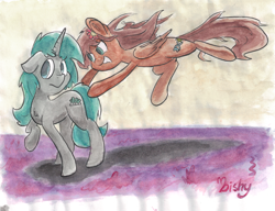 Size: 2186x1677 | Tagged: safe, artist:flowbish, oc, oc only, oc:endra, oc:zero, pegasus, pony, unicorn, female, flower, flower in hair, male, mare, oc x oc, shipping, stallion, straight, traditional art, watercolor painting