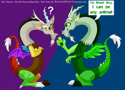 Size: 1024x738 | Tagged: safe, artist:ravenevert, discord, draconequus, beast boy, character to character, clone, comic, crossover, dc comics, question mark, species swap, teen titans, this will end in tears and/or death, transformation, twinning, xk-class end-of-the-world scenario