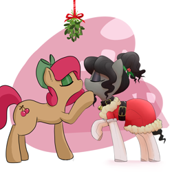 Size: 2000x2000 | Tagged: safe, artist:lockheart, artist:whydomenhavenipples, oc, oc only, oc:cherry sweetheart, oc:nikita, bell, bell collar, belt, christmas, collar, female, holly, imminent kissing, jingle bells, kissing, lesbian, mistletoe, shipping