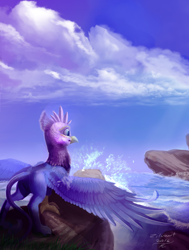 Size: 4290x5689 | Tagged: safe, artist:zilvart, oc, oc only, oc:gyro feather, oc:gyro tech, griffon, absurd resolution, griffonized, ocean, signature, species swap, wave