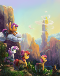 Size: 1600x2036 | Tagged: safe, artist:viwrastupr, apple bloom, babs seed, scootaloo, sweetie belle, twilight sparkle, earth pony, pegasus, pony, unicorn, adorababs, adorabloom, adventure, cute, cutealoo, cutie mark, cutie mark crusaders, diasweetes, female, filly, scenery, scenery porn, smiling, the cmc's cutie marks