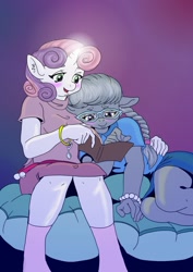 Size: 752x1063 | Tagged: safe, artist:jeremy3, silver spoon, sweetie belle, anthro, earth pony, unicorn, blushing, book, bracelet, braid, clothes, cute, glasses, glowing horn, shipping, silverbelle, skirt, socks