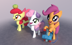 Size: 2000x1250 | Tagged: safe, artist:deathpwny, apple bloom, scootaloo, sweetie belle, 3d, apple, cute, cutie mark crusaders, scooter