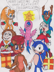 Size: 626x823 | Tagged: safe, artist:gojira007, firefly, oc, oc:nick, oc:sophie, g1, bilbo baggins, boots, both cutie marks, christmas, clothes, crossover, flying, g1 to g4, generation leap, glow, happy birthday, hat, holding, holly, merry christmas, miles "tails" prower, mittens, offspring, present, sally acorn, santa costume, santa hat, shipping, sonic the hedgehog, sonic the hedgehog (series), stars, the hobbit, wat