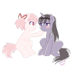 Size: 1536x1471 | Tagged: safe, artist:cheryl-jum, blushing, crossover, homura akemi, madoka kaname, ponified, puella magi madoka magica