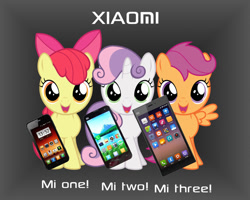 Size: 640x512 | Tagged: safe, apple bloom, scootaloo, sweetie belle, advertisement, cutie mark crusaders, phone, smartphone, xiaomi