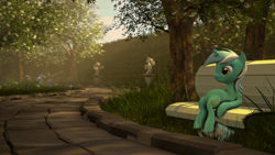 Size: 1920x1080 | Tagged: safe, artist:argodaemon, lyra heartstrings, 3d, bench, sitting lyra, solo, source filmmaker