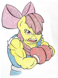 Size: 800x1069 | Tagged: safe, artist:dragonknight84, apple bloom, anthro, angry, apple brawn, balrog (street fighter), boxing gloves, colored pencil drawing, m. bison (japanese), muscles, solo, street fighter, traditional art