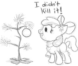 Size: 590x502 | Tagged: safe, artist:thatfrankster, apple bloom, christmas, clothes, monochrome, ornament, peanuts, scarf, sketch, solo, tree