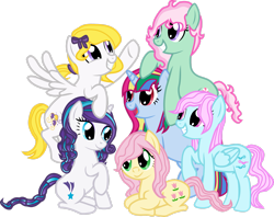 Size: 2749x2181 | Tagged: safe, artist:asdflove, glory, minty, moonstone, posey, surprise, wind whistler, earth pony, pegasus, pony, unicorn, g1, g3, alternate mane six, alternate universe, female, g1 to g4, g3 to g4, generation leap, mane six opening poses, mare, simple background, transparent background, vector